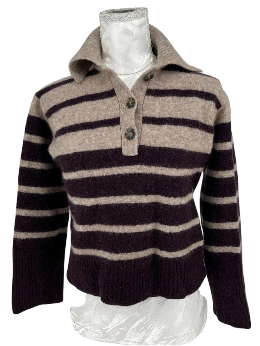 Madewell CloudSoft Polo Sweater Sz S Wide Stripe Cropped Wool Alpaca Blend Cozy